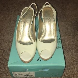 Jessica Simpson off white patent heels with cork